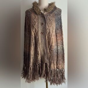 Monroe & Main Brown Cable Knit Poncho with Fringe